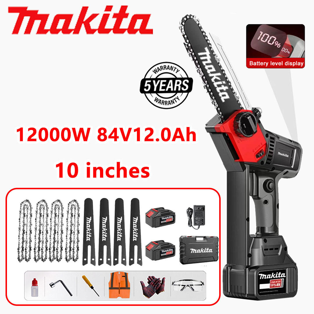 Motosierra de litio sin escobillas de 10 pulgadas, potencia de 12000 W, batería de 82 V 12,0 Ah * 2 + cargador + varilla guía * 4 + cadena * 4 + caja de herramientas + aceite lubricante y vasos + garantía de cinco años + manual de usuario local