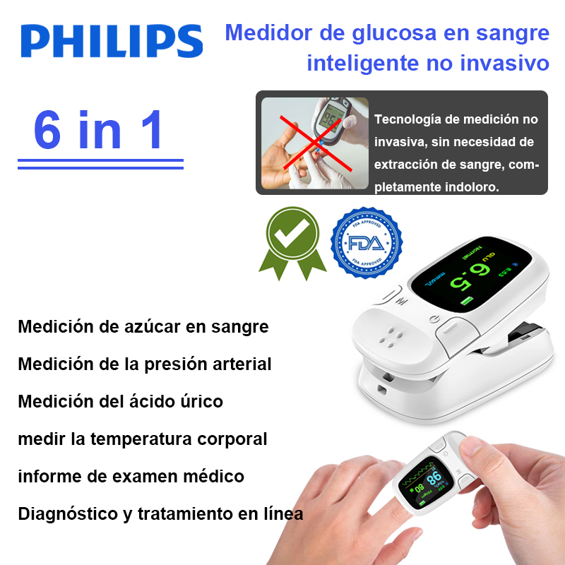 【6 en 1】Medidor de glucosa en sangre inteligente no invasivo 【medición no invasiva de azúcar en sangre + medición de presión arterial + medición de ácido úrico + medición de temperatura corporal + generación de informe de examen físico + diagnóstico y tratamiento en línea】