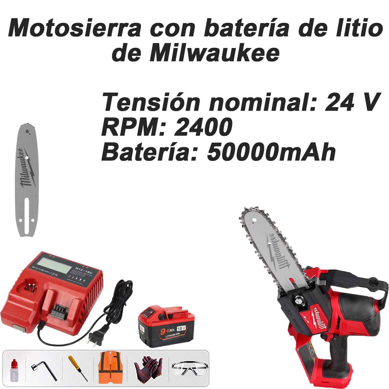 Motosierra con batería de litio Milwaukee (voltaje nominal 24 V + RPM: 2400 + batería: 50000 mAh) + placa guía * 1 + batería de repuesto * 1 + base de carga * 1 + juego simple * 1