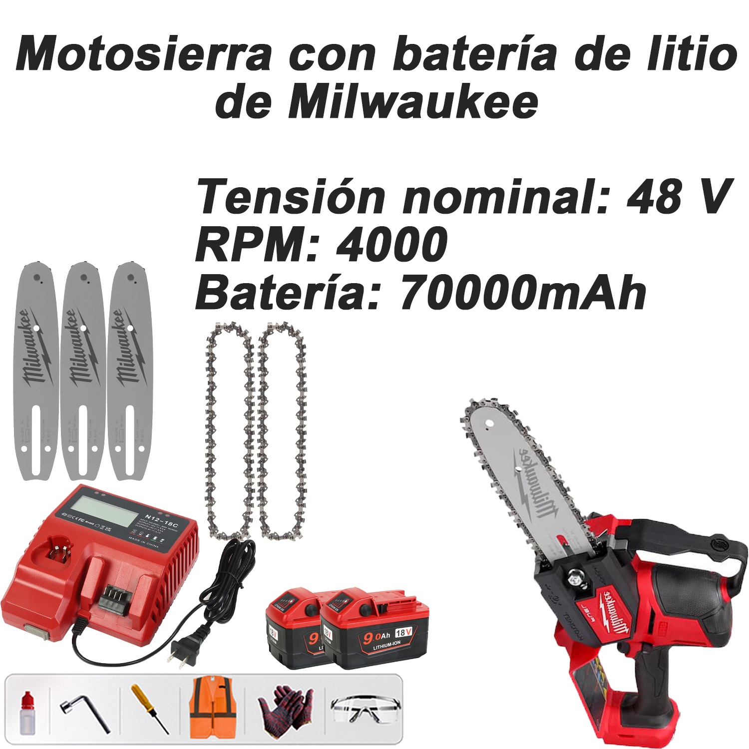 Motosierra con batería de litio Milwaukee (voltaje nominal 48 V + RPM: 4000 + batería: 70000 mAh) + placa guía * 3 + cadena * 2 + batería de repuesto * 2 + base de carga * 1 + juego simple * 1